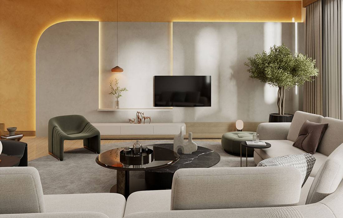 Neoclassical living room with custom TV wall and ceiling design