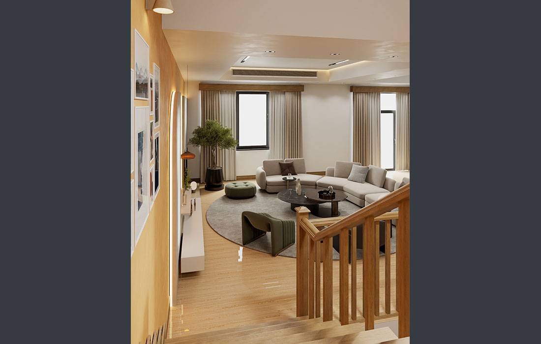 Neoclassical living room with custom TV wall and ceiling design