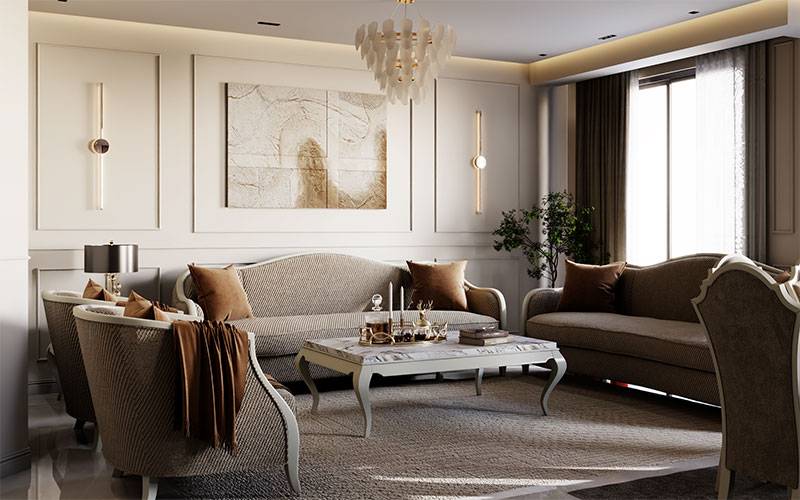 Neoclassical living room with custom TV wall and ceiling design